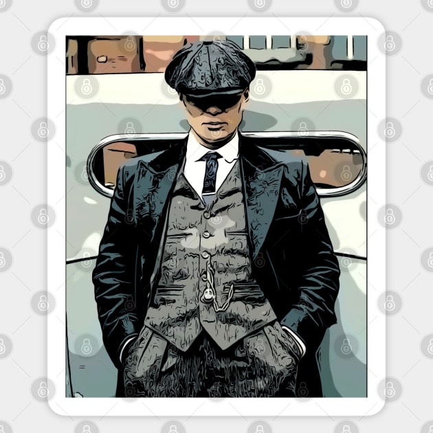 well shelved, thomas shelby leans against a car with his hands in his pants and hat pulled deep into his face as abstract art (vers. 3) Sticker by ComicPrint